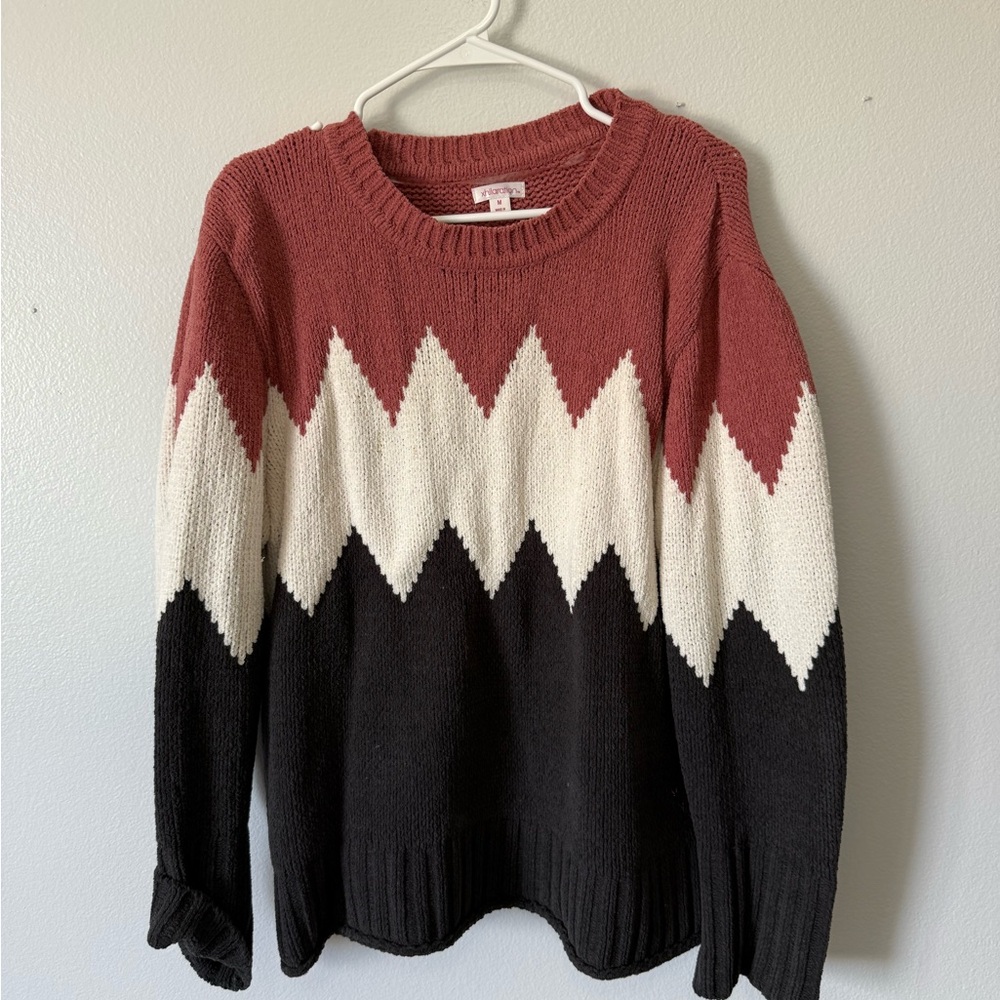 Xhilaration Red and White Crew Neck Sweater with Chevron Pattern